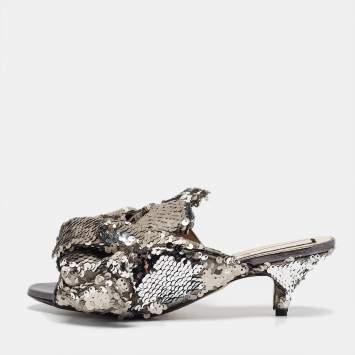 Pre Owned N21 Metallic Sequins Knotted Slide Sandals Size 37