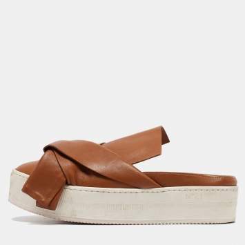 Pre Owned N21 Tan Knotted Leather Platform Mules Size 37.5