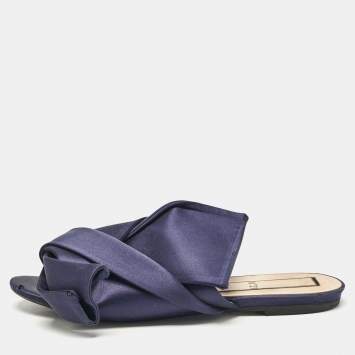 Pre Owned N21 Navy Blue Satin Knot Flat Slides Size 41
