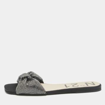 Pre Owned N21 Black Satin Crystal Embellished Bow Flat Slides Size 39 