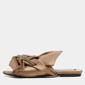 Pre Owned N°21 Brown Satin Raso Knot Flat Slides Sizes 37