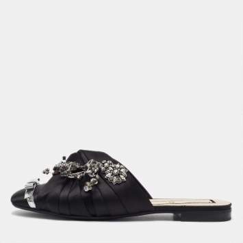 N°21 Black Satin Crystal Embellished Flat Mules Size 40