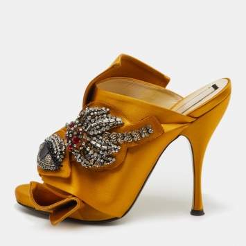  Nº21  Yellow Satin Embellished Ronny Knot Mules Size 40