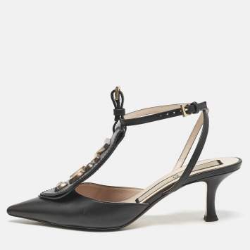 N21 Black Leather Logo Pointed Toe Ankle Strap Pumps Size 38
