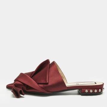 Pre Owned N21 Burgundy Satin Knot Flat Mules Size 37