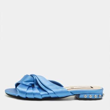 Pre Owned Nº21 Blue Satin Knot Flat Slides Size 37