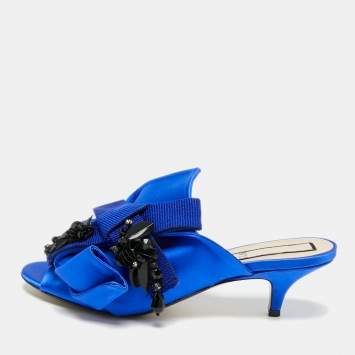 Pre Owned N21 Bow Size 38 Blue Satin Kitten Heel Slide Sandals