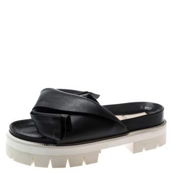 Pre Owned N21 Black Leather Bow Platform Slides Size 39