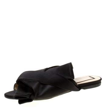 Pre Owned N21 Black Satin Knot Flat Mules Size 35.5