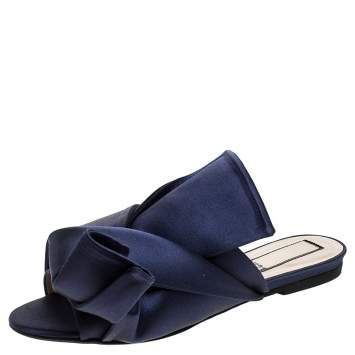 Pre Owned N21 Blue Satin Knot Flat Mules Size 37