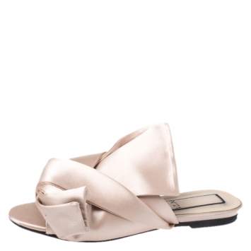 Pre Owned N21 Beige Satin Knot Flat Mules Size 36