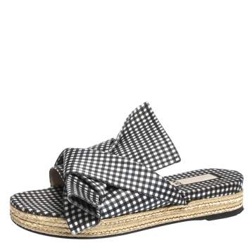 Pre Owned N21 Black White/Black Check Satin Open Toe Flat Slides Size 38.5