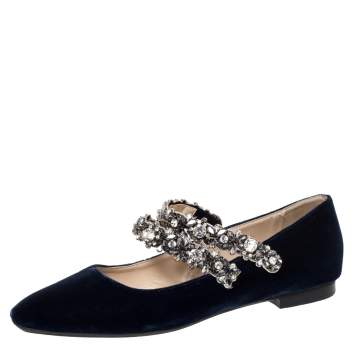 Pre Owned N°21 Blue Velvet Embellished Strappy Ballet Flats Size 39