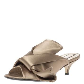 Pre Owned N21 Brown Satin Raso Knot Peep Toe Mules Size 36