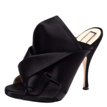 مملوكة مسبقًا N21 Black Satin Raso Knot Peep Toe Mules Size 37