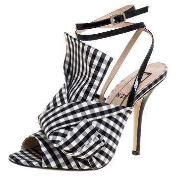 Pre Owned N21 Monochrome Checkered Knotted Fabric Gingham Ankle Wrap Peep Toe Sandals Size 38.5