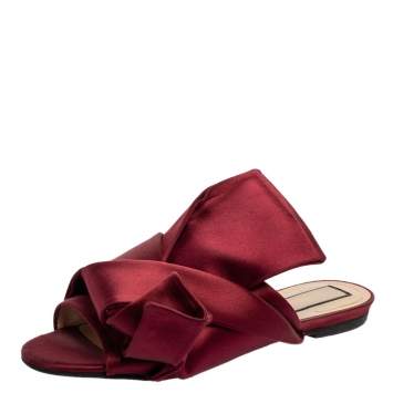 Pre Owned N°21 Burgundy Satin Knot Flat Mules Size 37