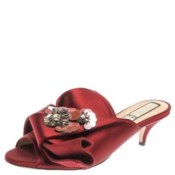 Pre Owned N21 Burgundy Satin Embellished Knot Mule Sandals Size 40