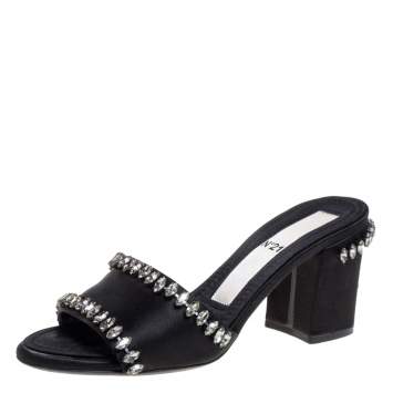 Pre Owned Nº21 Black Satin Crystal Embellished Slide Sandals Size 37