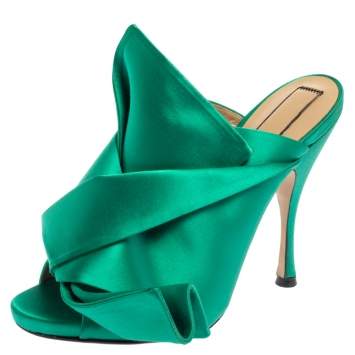مملوكة مسبقًا N21 Emerald Green Satin Raso Knot Peep Toe Mules Size 38 