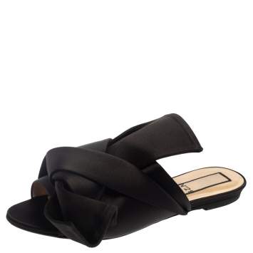 Pre Owned N21 Black Satin Knot Flat Mules Size 39