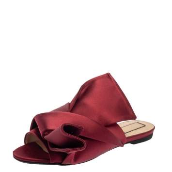 Pre Owned N21 Burgundy Satin Knotted Flats Size 39