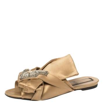 Pre Owned Nº21 Beige Satin Crystal Embellished Flats Size 40