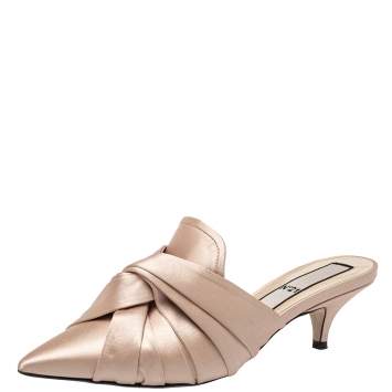 مملوكة مسبقًا Nº21 Beige Satin Knot Pointed Toe Kitten Heel Mules Size 38