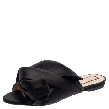 Pre Owned N21 Black Satin Knot Flat Mules Size 38