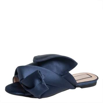 Pre Owned  Nº21 Blue Satin Knot Flat Mules Size 36