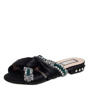 Pre Owned Nº21 Black Satin Crystal Embellished Knotted Flat Slides Size 37