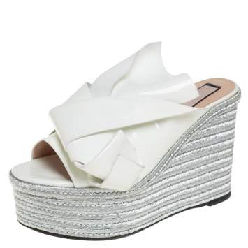 مملوكة مسبقًا N21 White Patent Leather Knotted Espadrille Wedge Platform Sandals Size 38