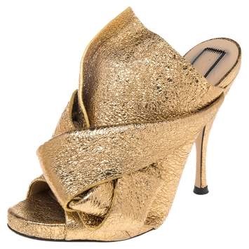 Pre Owned N21  Glitter Knot  Gold Crackled Leather  Mule Sandals Size 36