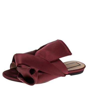 Pre Owned N21 Burgundy Satin Raso Knot Peep Toe Mules Size 37