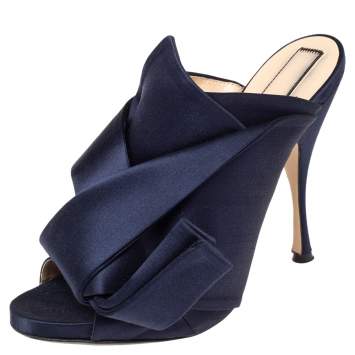 مملوكة مسبقًا N21 Navy Blue Satin Raso Knot Peep Toe Slide Mules Size 41