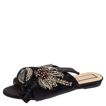 مملوكة مسبقًا N°21 Black Satin  Embellished Knot Flats Sandals Size 38
