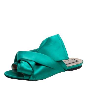 Pre Owned Nº21 Green Satin Knot Flat Mules Size 38