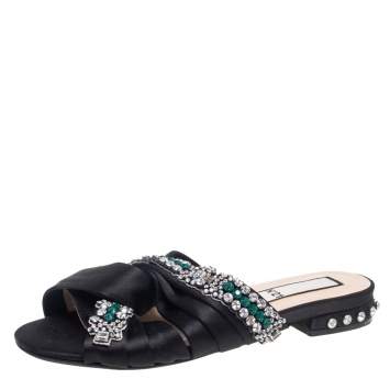 Pre Owned Nº21 Black Satin Crystal Embellished Knotted Flat Slides Size 38