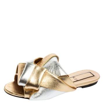 Pre Owned N°21 Metallic Gold/Silver Leather Raso Knot Flats Size 37