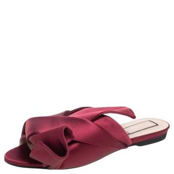 Pre Owned Nº21 Burgundy Satin Knot Flat Slides Size 36