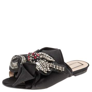 Pre Owned  Nº21 Black  Satin Knot Embellished Flat Sandals Size 37