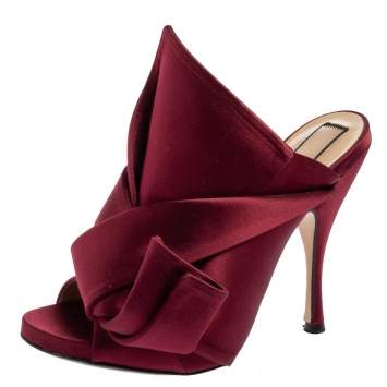 Pre Owned N°21 Burgundy Satin Ronny Pleated Slide Sandals Size 37 
