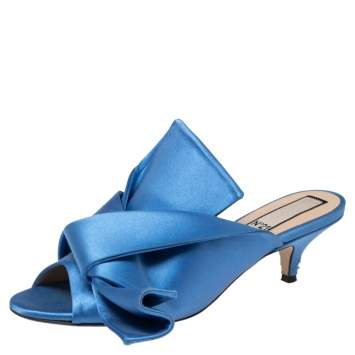 Pre Owned Nº21 Blue Satin Raso Knot Peep Toe Kitten Heel Mules Size 36.5