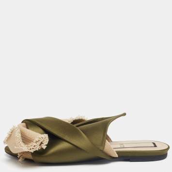 Pre Owned Nº21 Army Green/Beige Satin and Canvas Raso Knot Flat Mules Size 39
