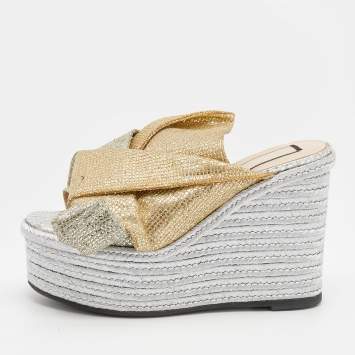 Pre Owned N21 Silver/Gold Glitter Fabric Raso Knot Espadrille Platform Wedge Sandals Size 35.5