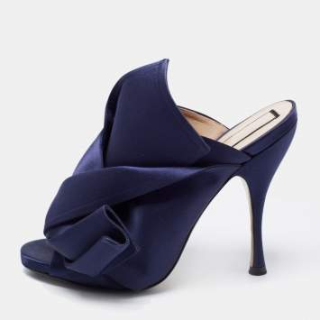 Pre Owned Nº21 Navy Blue Satin Raso Knot Peep Toe Mules Size 38 