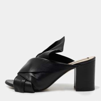 Pre Owned Nº21 Black Leather Raso Knot Block Heel Mules Size 37.5