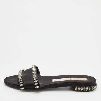 Pre Owned Nº21 Black Satin Crystal Embellished Flat Slides Size 38
