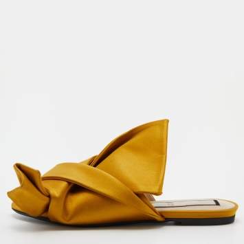 Pre Owned N°21 Mustard Yellow Satin Knot Flat Mules Size 37.5