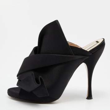 Pre Owned Nº21 Black Satin Raso Knot Peep Toe Slide Mules Size 40